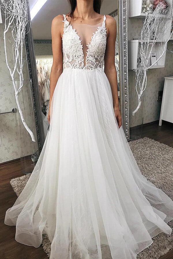 Tulle A-line V-neck Wedding Dresses With Lace Appliques, Bridal Gowns, MW711 | lace wedding dresses | wedding dresses near me | wedding gown | www.musebridals.com